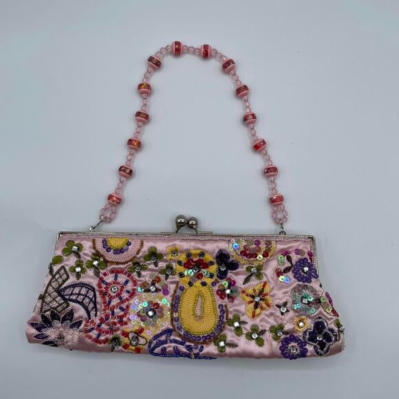Y2K Fairy Pink Beaded and Sequin Embellished Baguette Clutch Bag Whimsy Bling - Picture 1 of 8